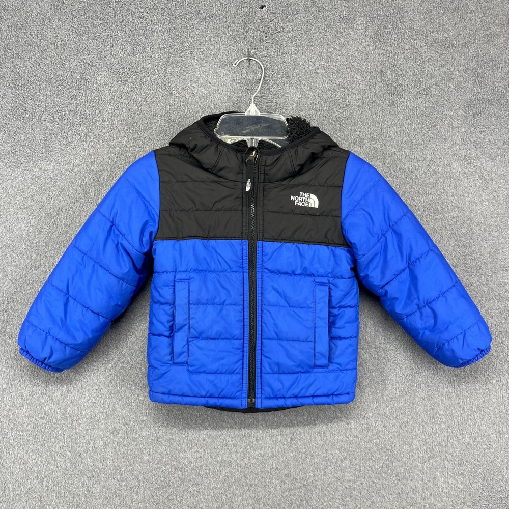 The North Face Reversible Puffer Jacket Toddler 3T Blue Black Fleece Hooded Coat
